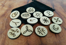 Load image into Gallery viewer, 13 Witches Runes, Divination, Hand Drawn, Witch Crafted and Engraved on Wood.