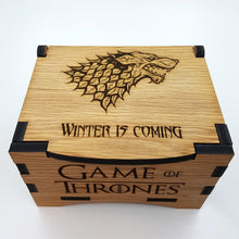 Load image into Gallery viewer, Game Of Thrones House Stark Oak Box with hinged lid for jewellery keepsakes and memory box