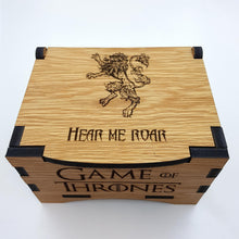 Load image into Gallery viewer, Game Of Thrones House Lannister Oak Box with hinged lid for jewellery keepsakes and memory box