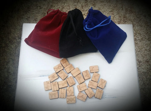 Elder Futhark Runes engraved on pine includes velvet bag