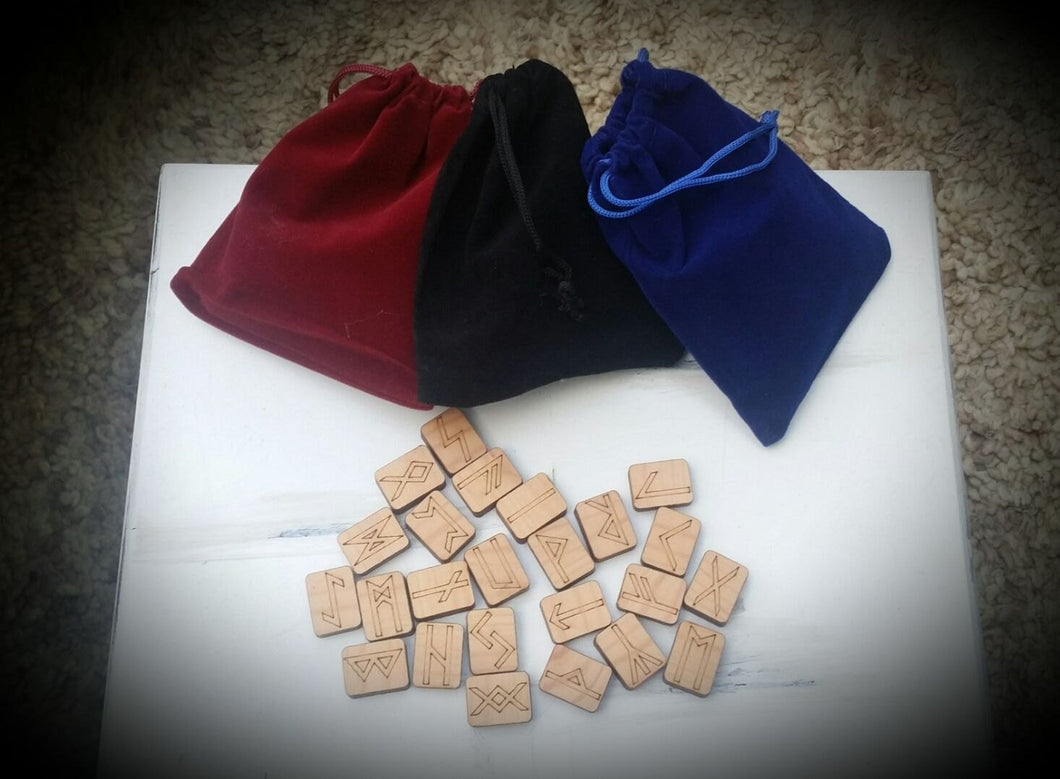Elder Futhark Runes engraved on pine includes velvet bag