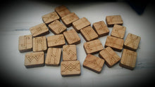 Load image into Gallery viewer, Elder Futhark Runes engraved on pine includes velvet bag