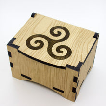 Load image into Gallery viewer, Oak Box with hinged lid for jewellery keepsakes and memory box Triskele Design