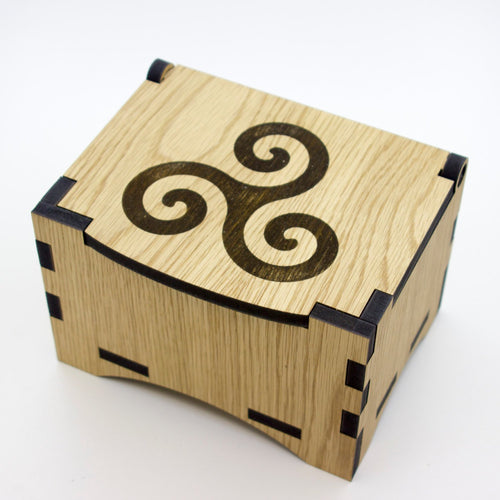 Oak Box with hinged lid for jewellery keepsakes and memory box Triskele Design