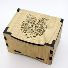 Load image into Gallery viewer, Oak Box with hinged lid for jewellery keepsakes and memory box Green Man Design