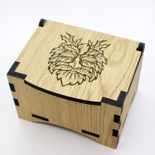 Oak Box with hinged lid for jewellery keepsakes and memory box Green Man Design