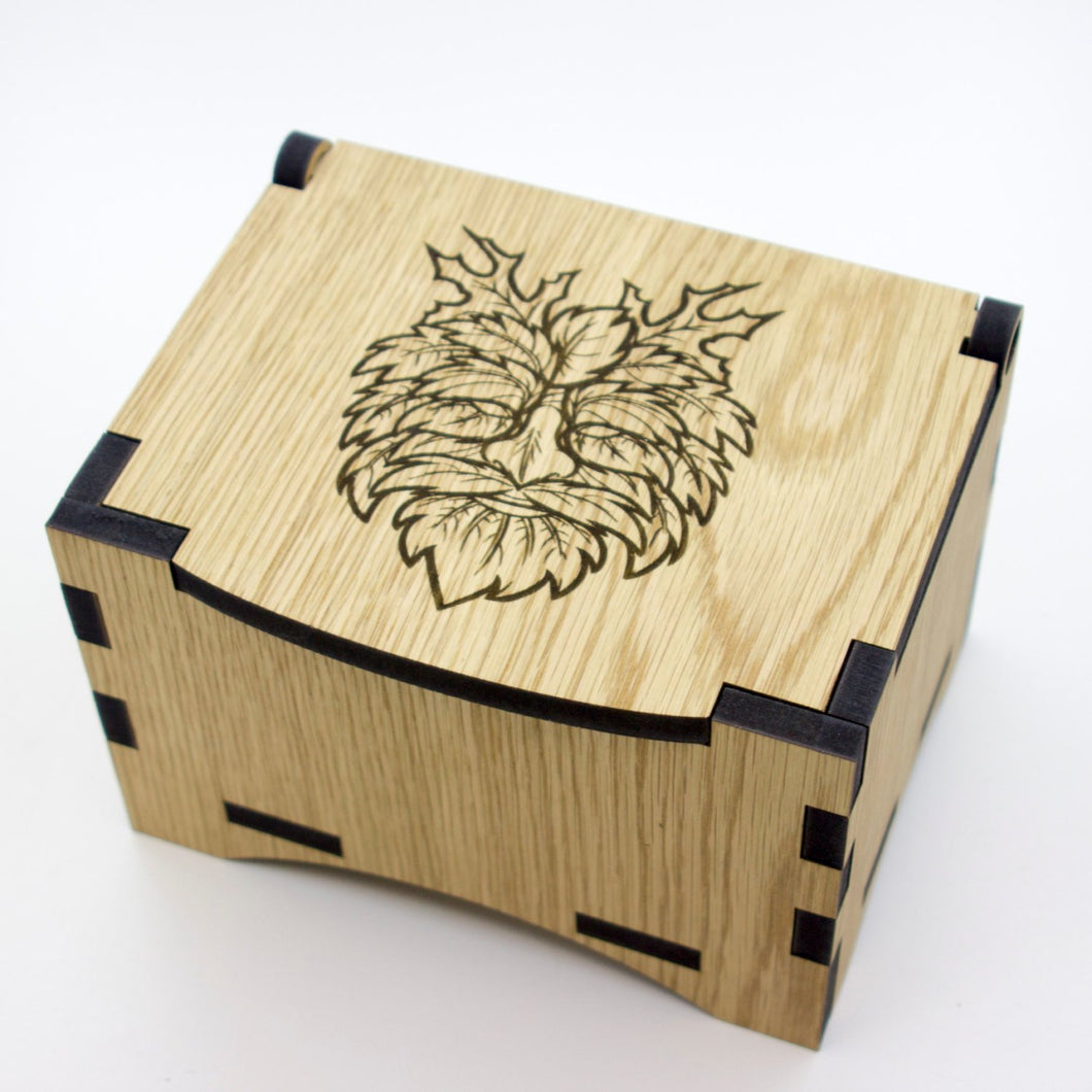 Oak Box with hinged lid for jewellery keepsakes and memory box Green Man Design