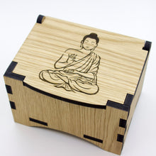 Load image into Gallery viewer, Oak Box with hinged lid for jewellery keepsakes and memory box Gautama Buddha Design