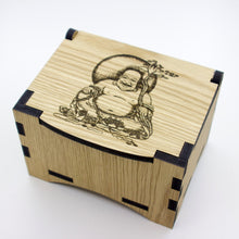 Load image into Gallery viewer, Oak Box with hinged lid for jewellery keepsakes and memory box laughing buddha Design