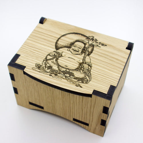 Oak Box with hinged lid for jewellery keepsakes and memory box laughing buddha Design