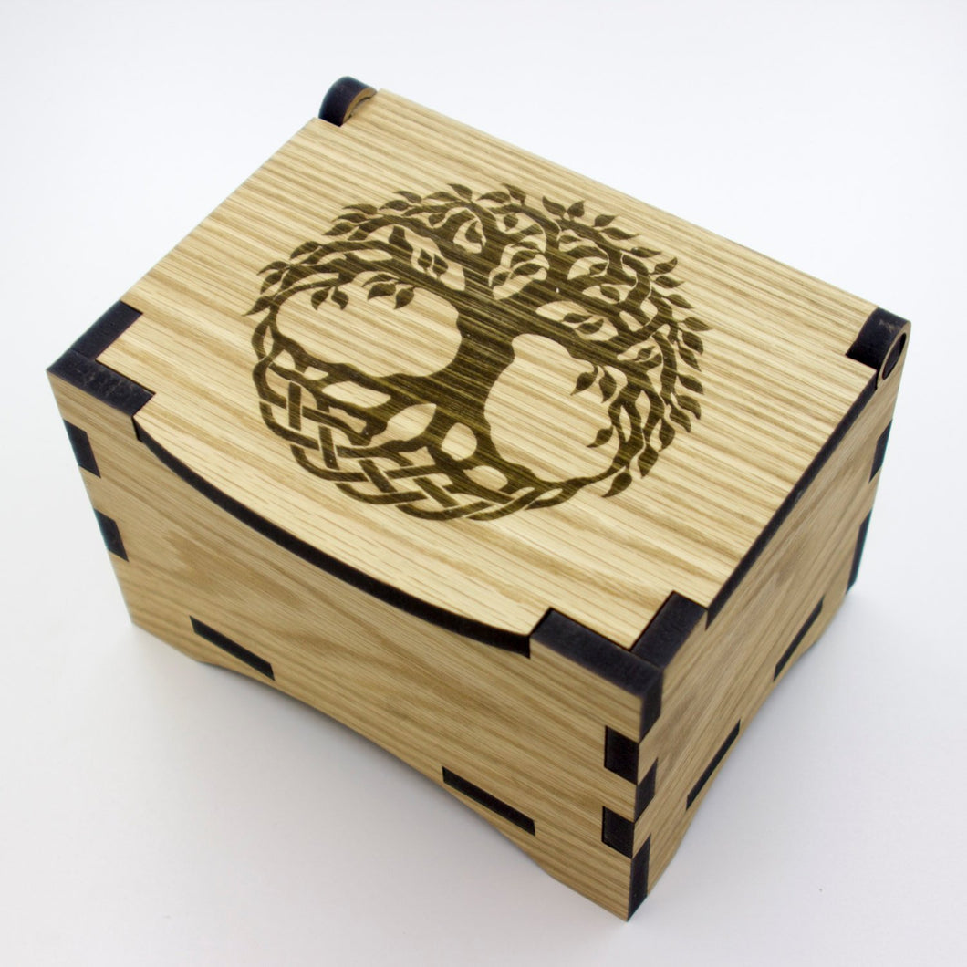 Oak Box with hinged lid for jewellery keepsakes and memory box Tree of Life Design
