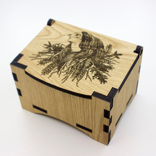 Oak Box with hinged lid for jewellery keepsakes and memory box Goddess Design