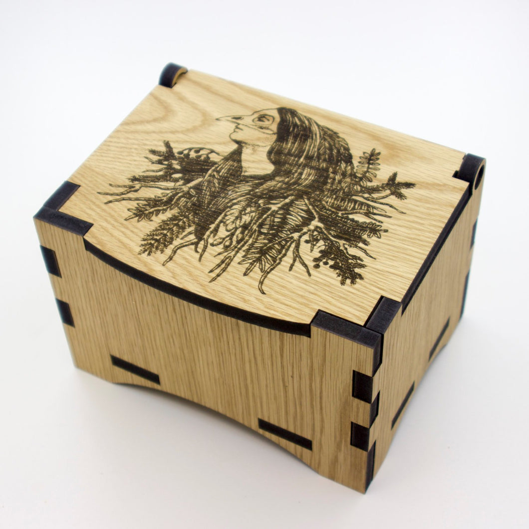 Oak Box with hinged lid for jewellery keepsakes and memory box Goddess Design