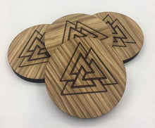 Load image into Gallery viewer, Oak Nordic Valknut Symbol Coasters, set of 4.