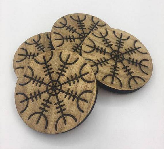 Oak Coasters with Norse Helm of Awe design
