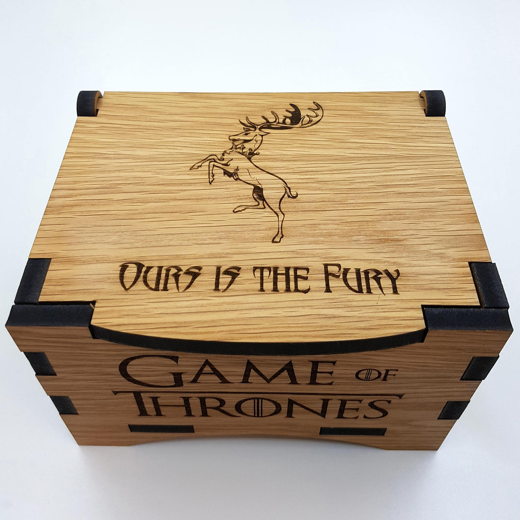 Game Of Thrones House Baratheon Oak Box with hinged lid for jewellery keepsakes and memory box