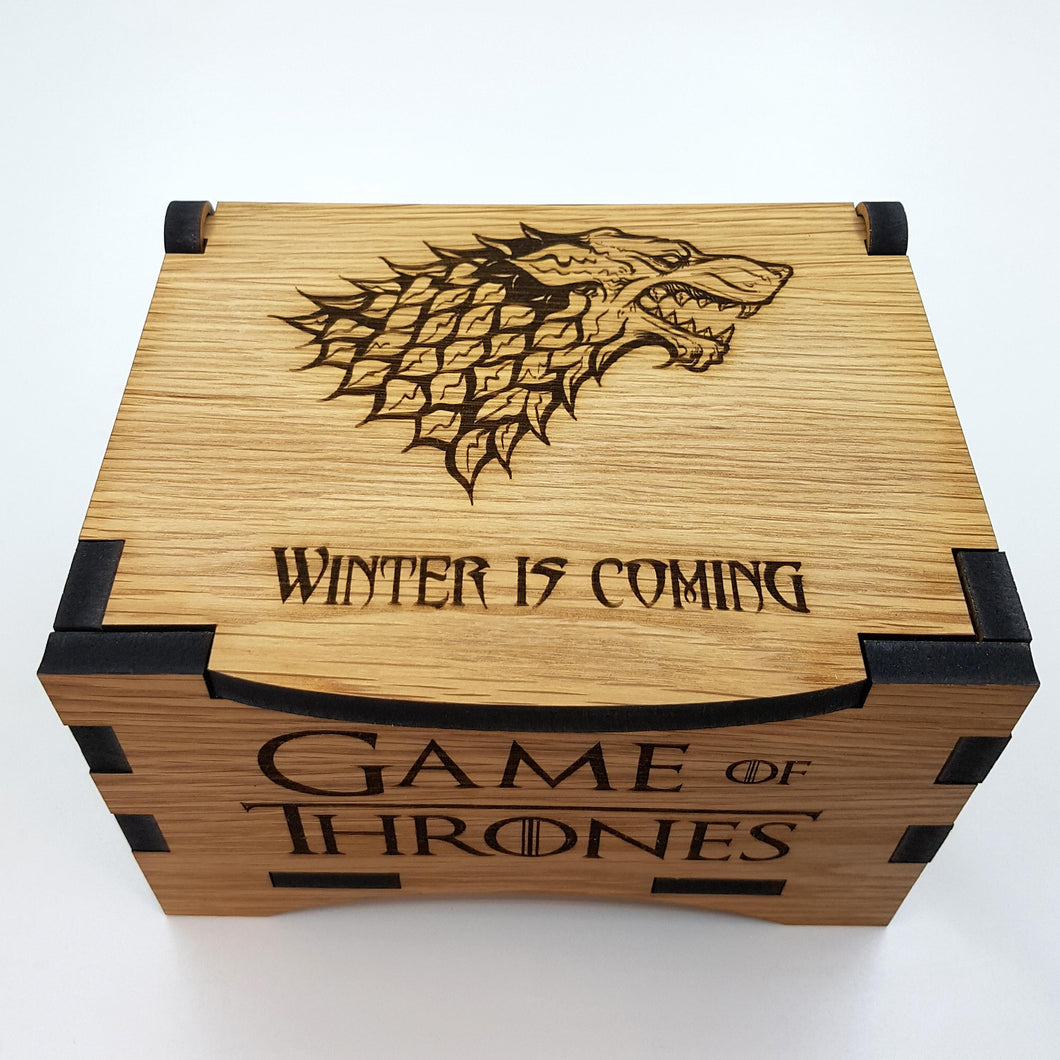 Game Of Thrones House Stark Oak Box with hinged lid for jewellery keepsakes and memory box