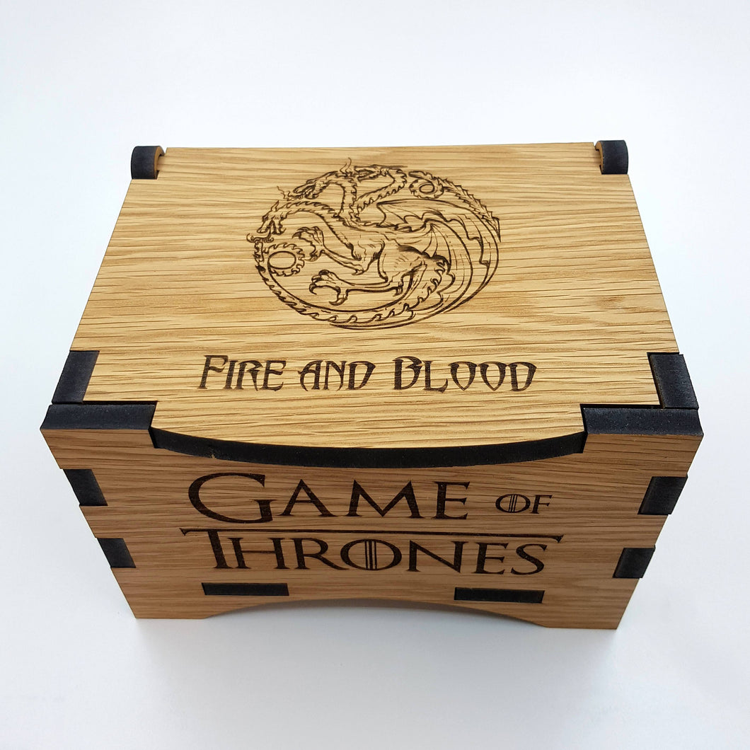 Game Of Thrones House Targaryen Oak Box with hinged lid for jewellery keepsakes and memory box