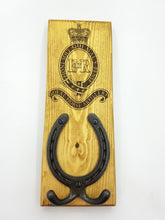 Load image into Gallery viewer, HORSESHOE COAT Hook with Cast Iron Shoe, RHA Engraved badge / Tack Room  - Antiqued Pine Wood