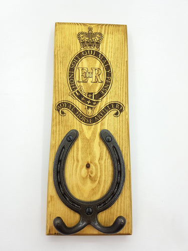 HORSESHOE COAT Hook with Cast Iron Shoe, RHA Engraved badge / Tack Room  - Antiqued Pine Wood
