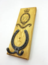 Load image into Gallery viewer, HORSESHOE COAT Hook with Cast Iron Shoe, RHA Engraved badge / Tack Room  - Antiqued Pine Wood