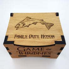 Load image into Gallery viewer, Game Of Thrones House Tully Oak Box with hinged lid for jewellery keepsakes and memory box