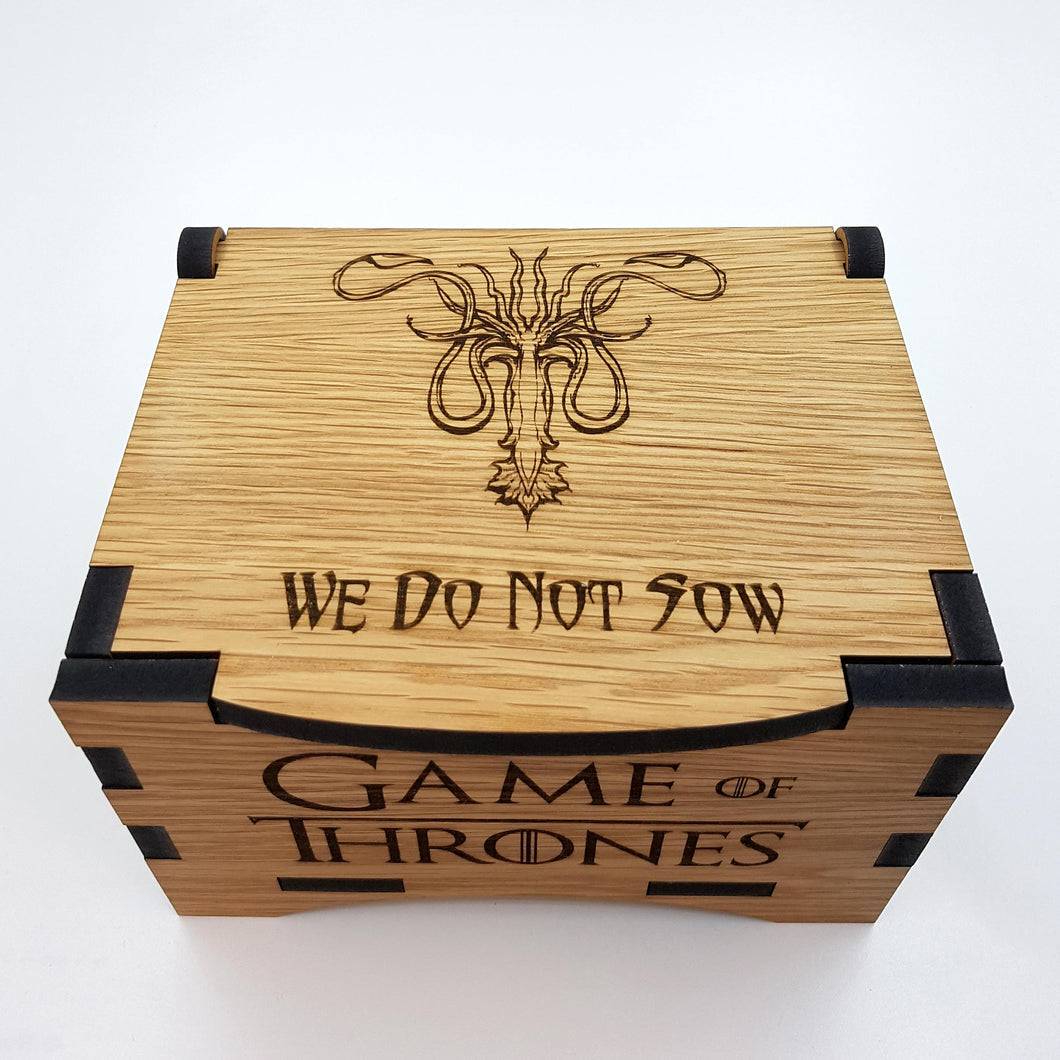 Game Of Thrones House Greyjoy Oak Box with hinged lid for jewellery keepsakes and memory box