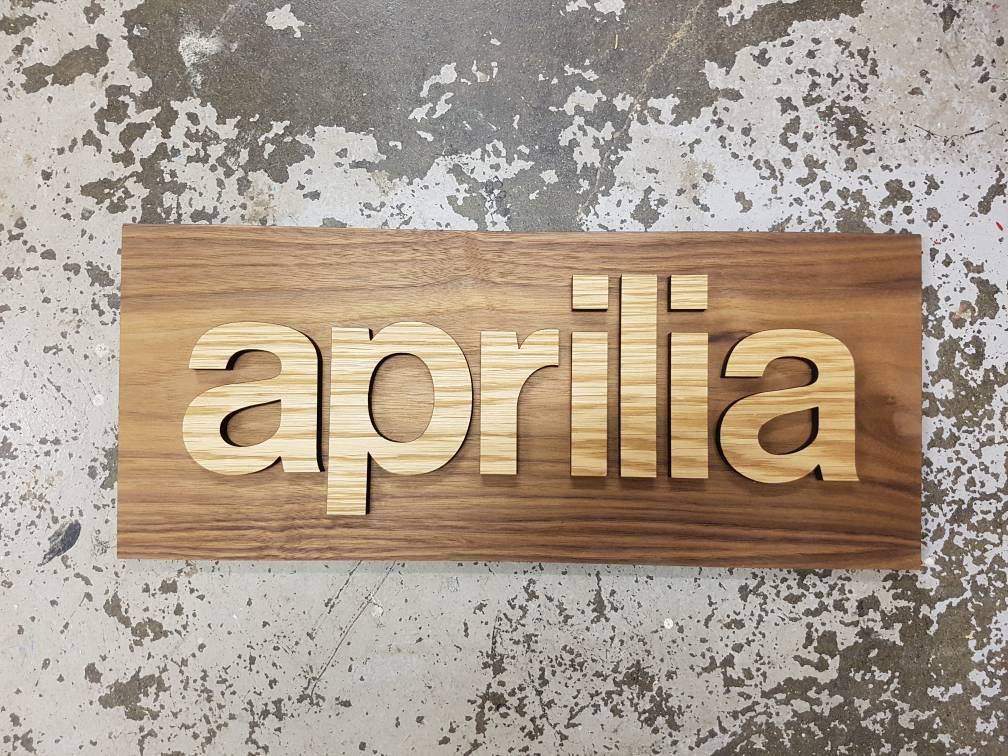 Aprilia Motorcycle Wall Plaque Oak on American Walnut - Motorbike Memorabilia